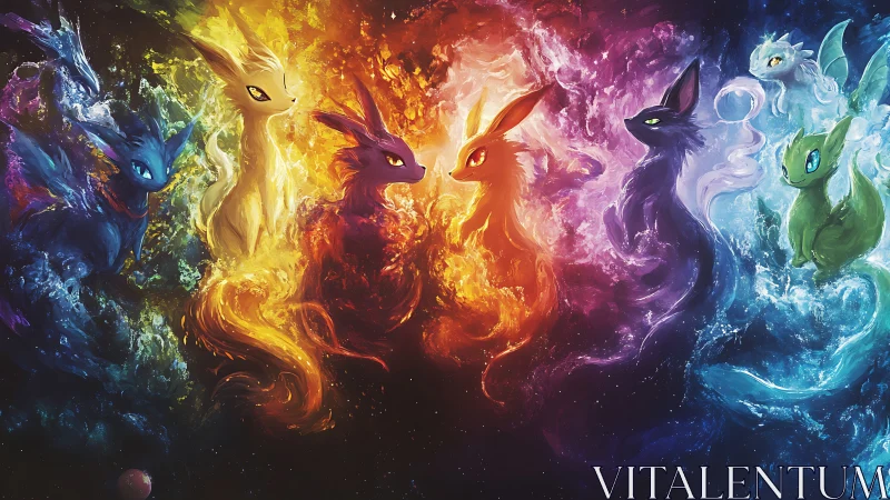 Elemental nebula fox spirits form chromatic cosmic circle