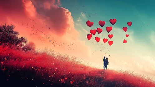 Couple Beneath Rising Heart Balloons in Crimson Meadow.