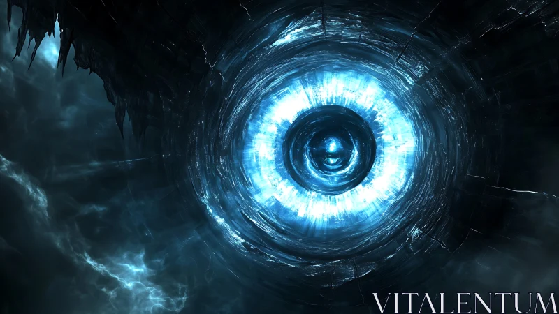 Glowing cosmic portal ringed by stormy electric shadows.