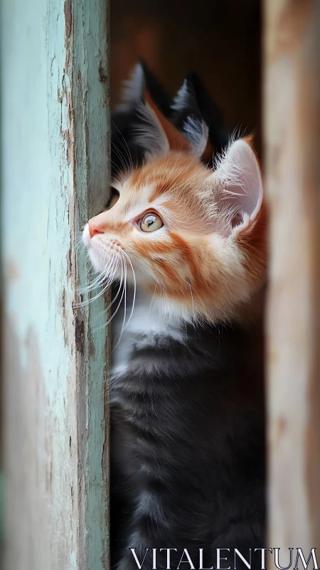 Orange and black kitten peering through weathered wooden gate