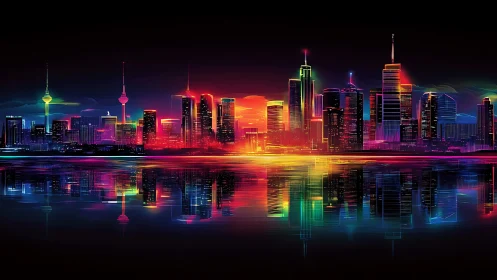 Neon city skyline with vivid reflections on calm water.