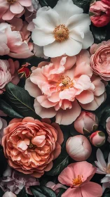 Botanical Close-Up: Pink and Cream Peonies with Golden Stamen Clusters