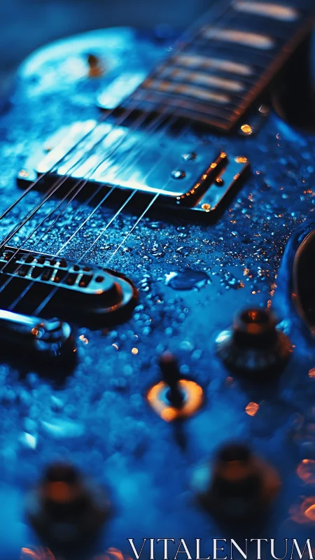 Electric guitar body with water droplets in close focus.