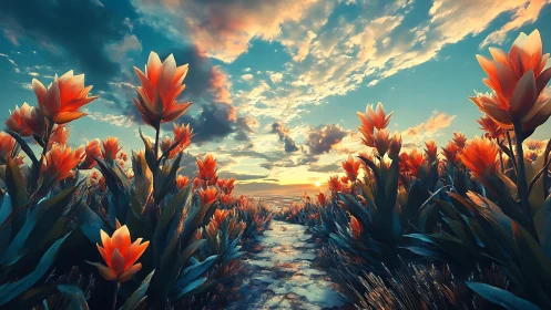 Sunlit path through glowing orange flowers at sunset.