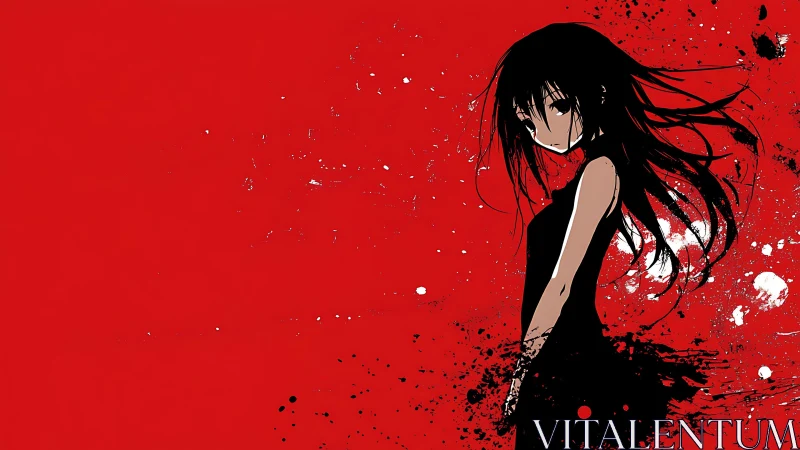Dark anime girl on red splatter background portrait.