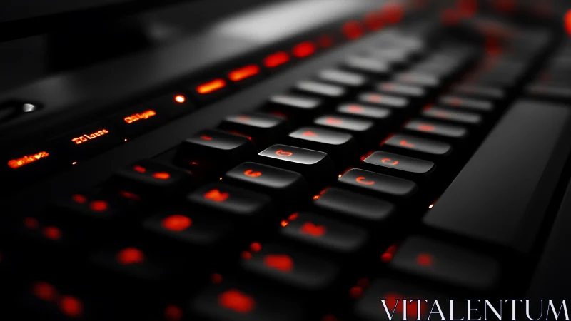 Photorealistic low-angle macro of backlit gaming keyboard.
