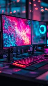 RGB gaming setup glows in neon pink and cyan ambience