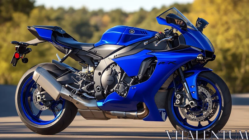 Brilliant blue sport motorcycle waits ready for a thrilling ride