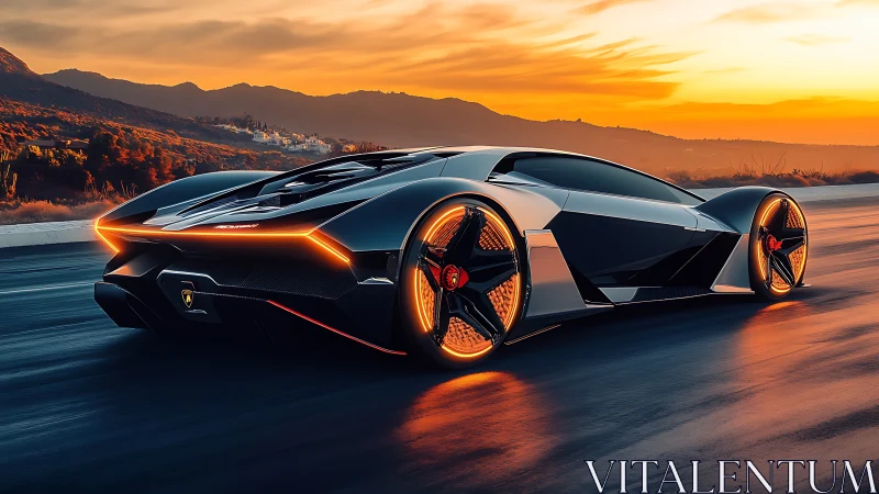 Futuristic concept supercar on highway at sunset landscape.