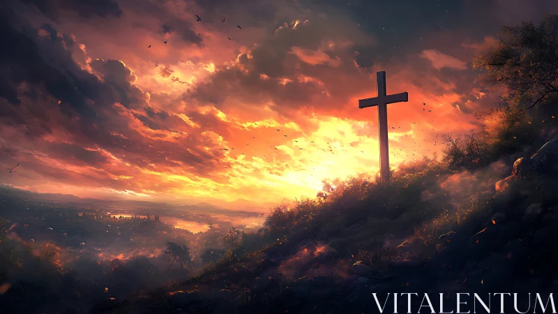 Radiant hillside cross under volumetric sunset cloud dynamics.