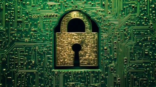 Cyber lock emblem over luminous green circuit board.