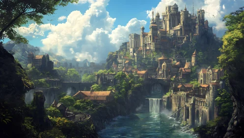 Vertical fantasy citadel dominates river canyon in luminous daylight