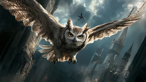 Large owl in flight above dark stone towers at dusk.