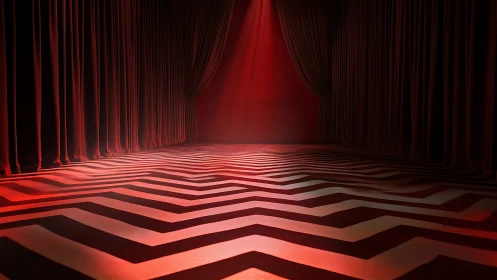 Red stage glows above zigzag floor in dramatic spotlight.