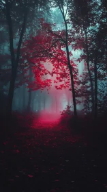 Mystical Forest Path Glowing in Red and Teal