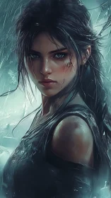 Battle-worn female warrior rendered with wet specular highlights