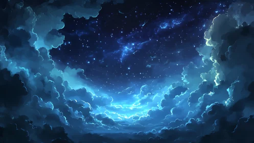 Starlit cloud ocean opening a luminous window to night.