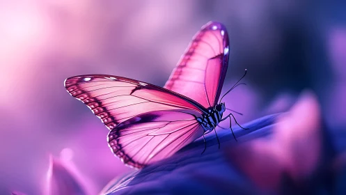 Gentle pink butterfly resting in dreamy violet light.