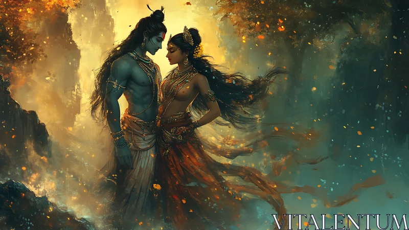 Mystical lovers share a quiet moment in a glowing forest veil