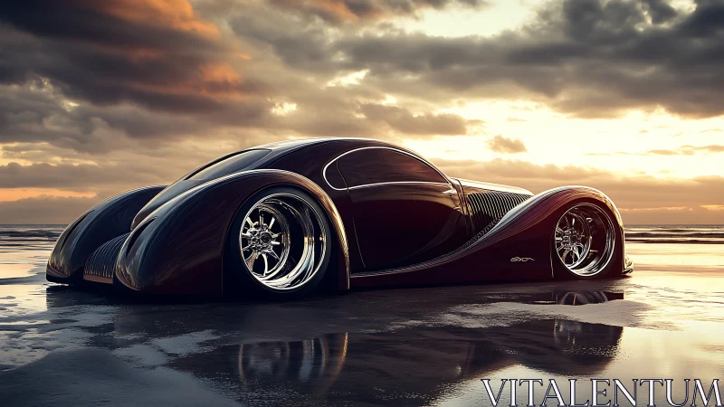 Streamlined concept car on reflective beach shoreline at dusk.