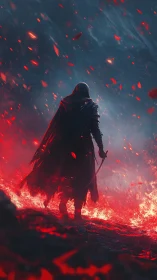 Hooded warrior stands over molten ground in red embers.