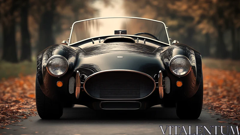 Black vintage roadster on autumn forest road front view.