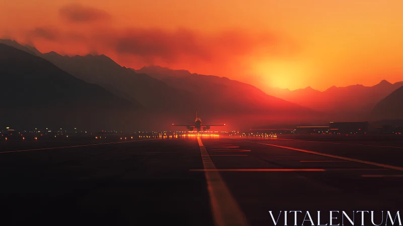 Passenger jet departs a glowing mountain runway at sunset