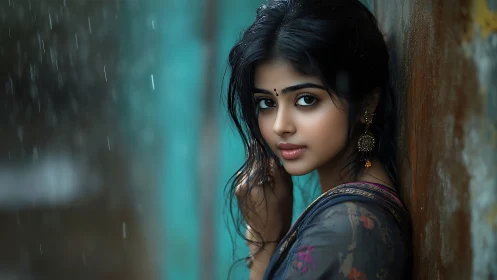 Soft monsoon gaze beside a weathered turquoise wall.