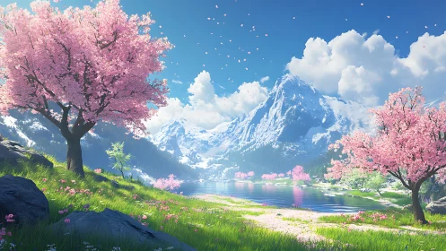 Spring blossoms by the crystal lake beneath snowy peaks.