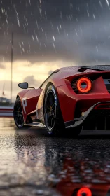 Red supercar in rain-soaked racetrack reflections at dusk.
