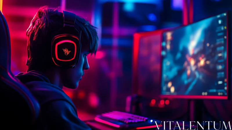 Person with headset sits at RGB-lit desktop gaming setup
