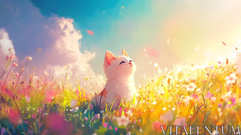 Cat in Flowering Field Under Bright Sky
