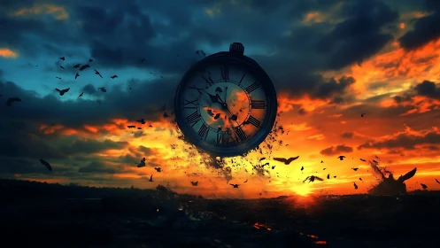 Midair pocket watch unravels time above a burning horizon