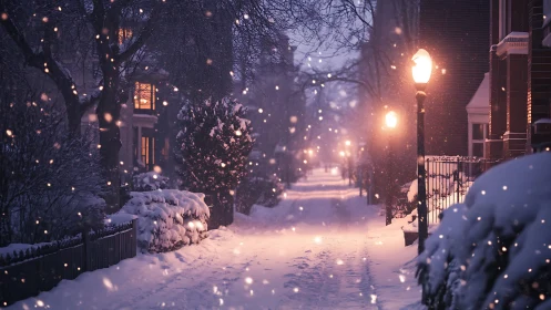 Snowy residential street glows under warm evening lamplight
