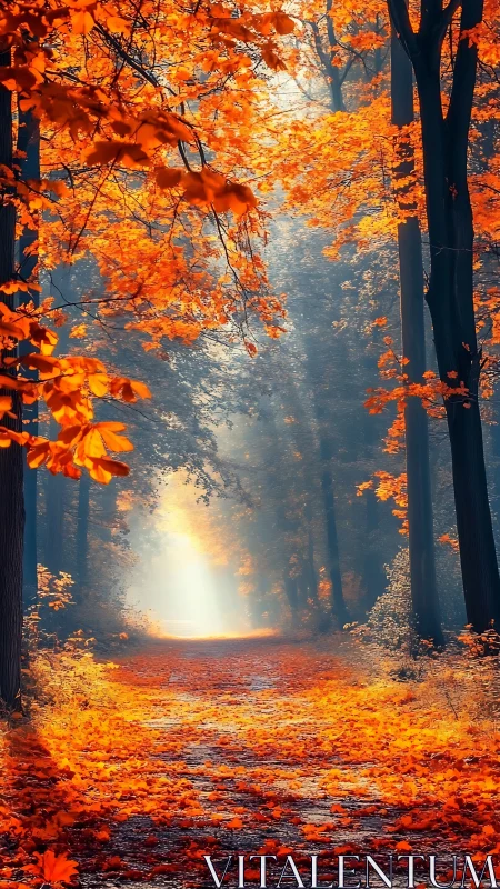 Autumn forest path glowing with golden light through trees
