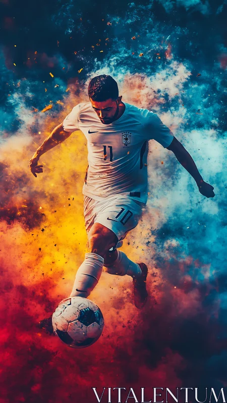Soccer player in mid-kick amid blue and orange smoke field.