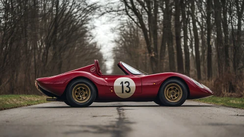 Vintage red racing roadster rests on a quiet forest lane.