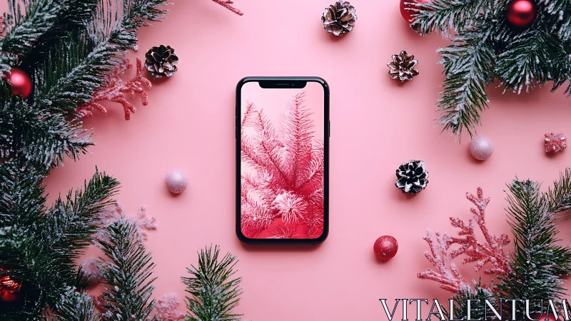 Smartphone with winter branches on pink holiday background.
