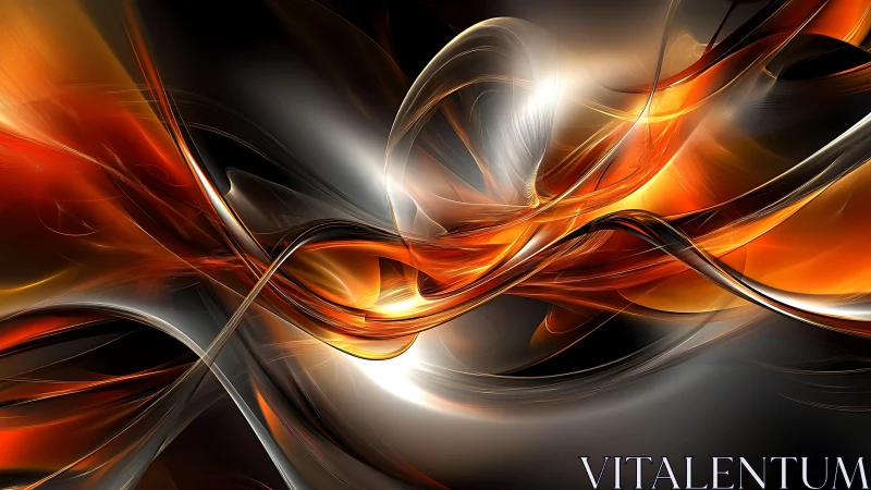 Dynamic swirling orange and silver abstract digital artwork.
