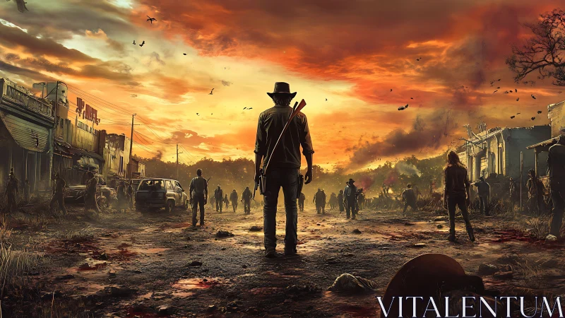 Lone armed figure surveys ruined street under dense sunset sky