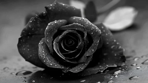 Close-up black rose with water droplets on petals.