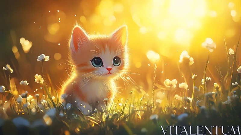 Golden light bathes a dreamy kitten in glowing meadow.