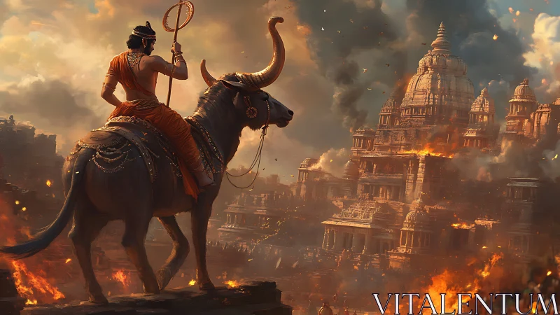 Heroic rider on sacred bull gazes over burning temple city.