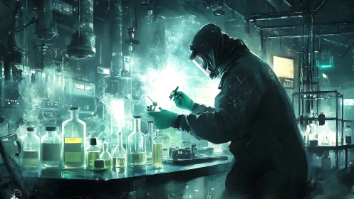 Biohazard chemist refines toxic compounds in neon lab.