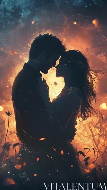 Silhouetted couple kissing amid fiery, rain-soaked backdrop.