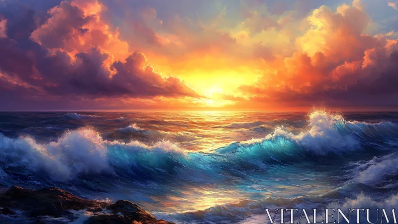 Radiant sunset pours golden light over crashing ocean waves