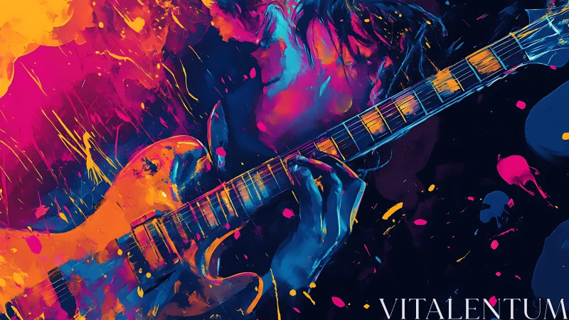 Electric guitar soloist in neon duotone abstract splatter