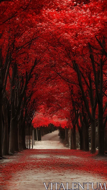 Linear tree tunnel with saturated crimson canopy perspective.