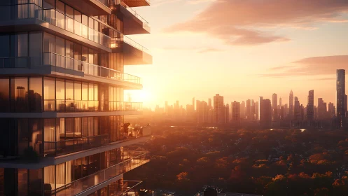 Sunlit glass tower overlooks autumn city skyline sunset