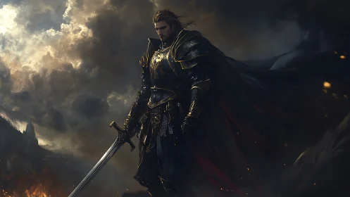 Lone armored knight walks through storm-lit battlefield ruins